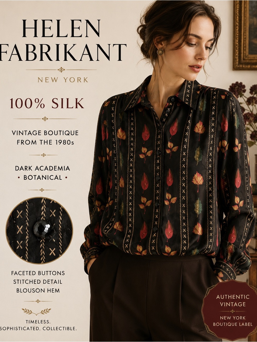 Vintage Helen Fabrikant NY 100% Silk Autumn Leaf Blouse Dark Academia BOHO